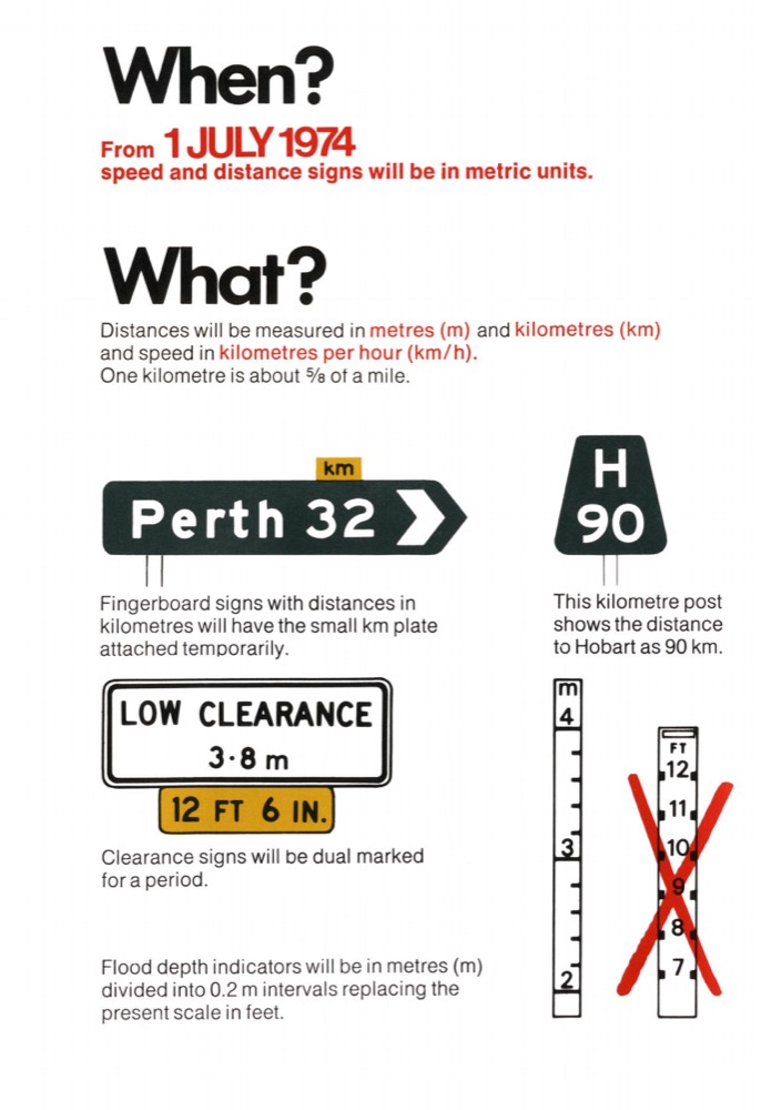 Pamphlet page headed When? and What?, explaining that from 1 July 1974 speed and distance signs will be in metric units, with examples of a metric fingerboard sign, a kilometre post, a dual marked clearance sign and a flood depth indicator.